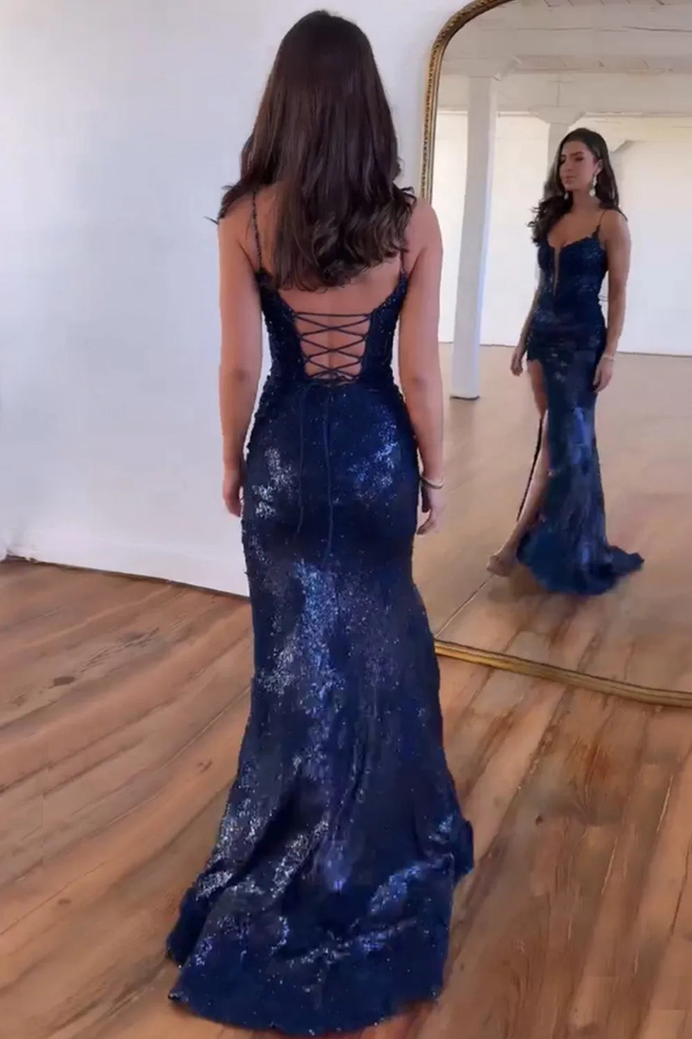 Wholesale Sparkly Spaghetti Straps Lace Up Long Corset Prom Dress With Split long prom dresses with sleeves